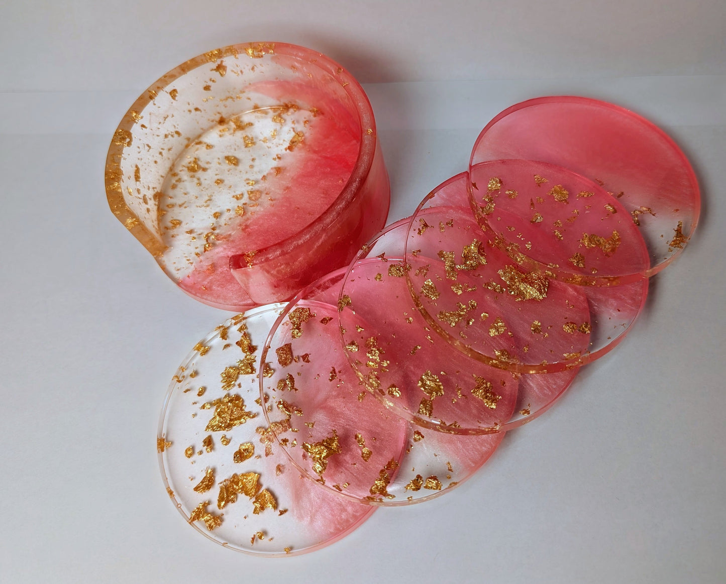 Pink & Gold Resin Coaster Set with Holder