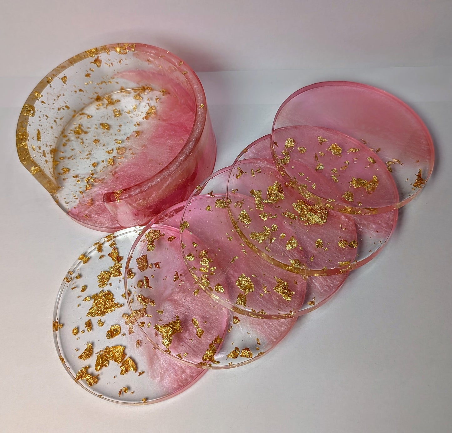 Pink & Gold Resin Coaster Set with Holder