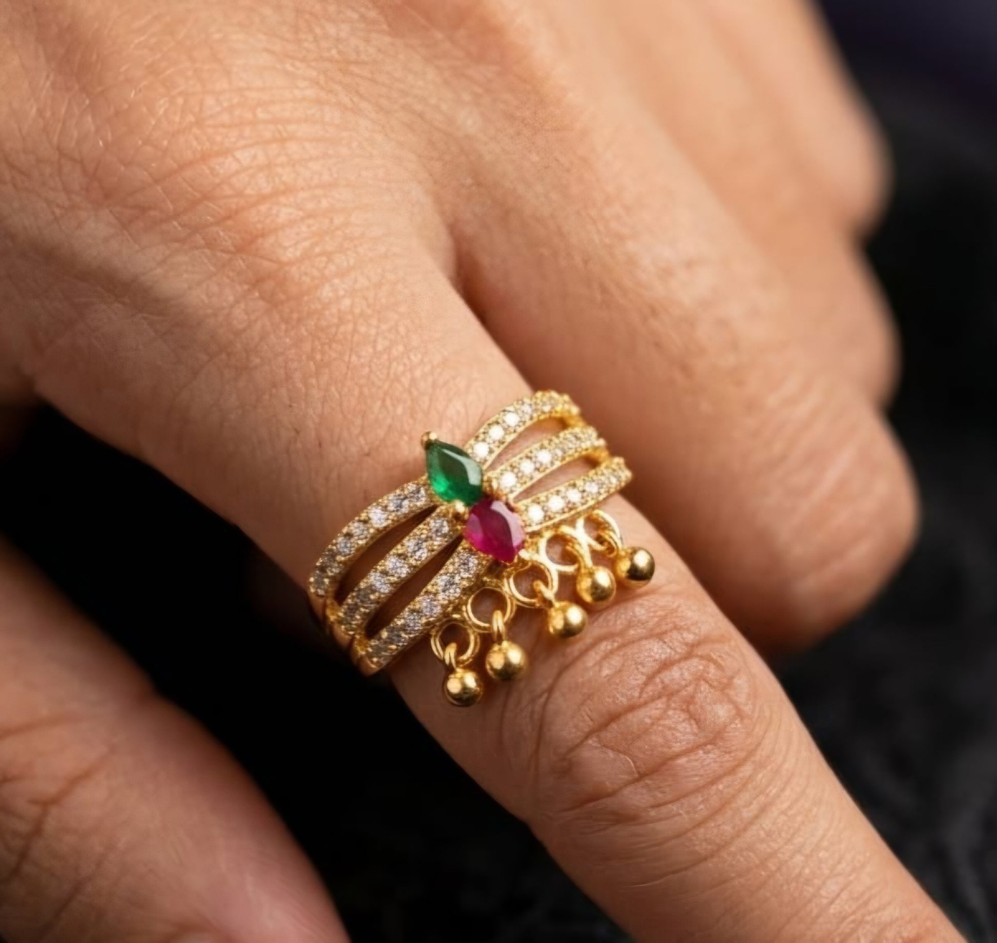 Emerald Ruby Ghungroo Crystal Adjustable Ring