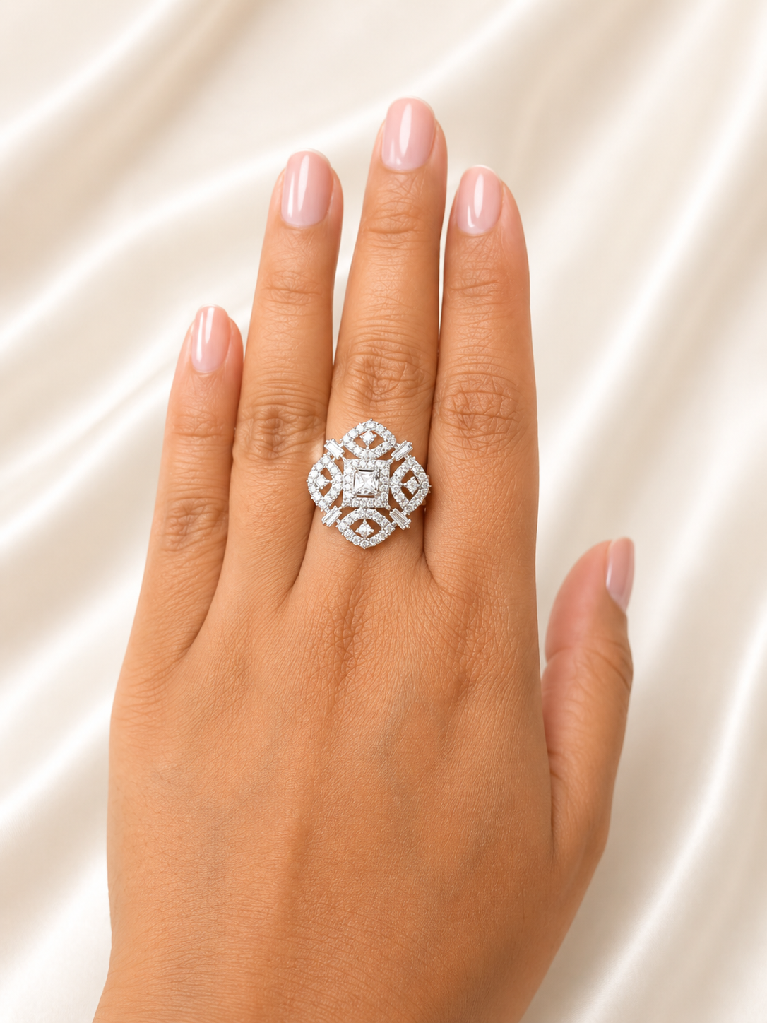 Silver Geometric Crystal Statement Adjustable Ring