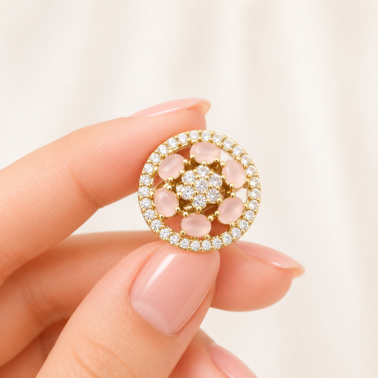 Pink Crystal Floral Halo Adjustable Ring