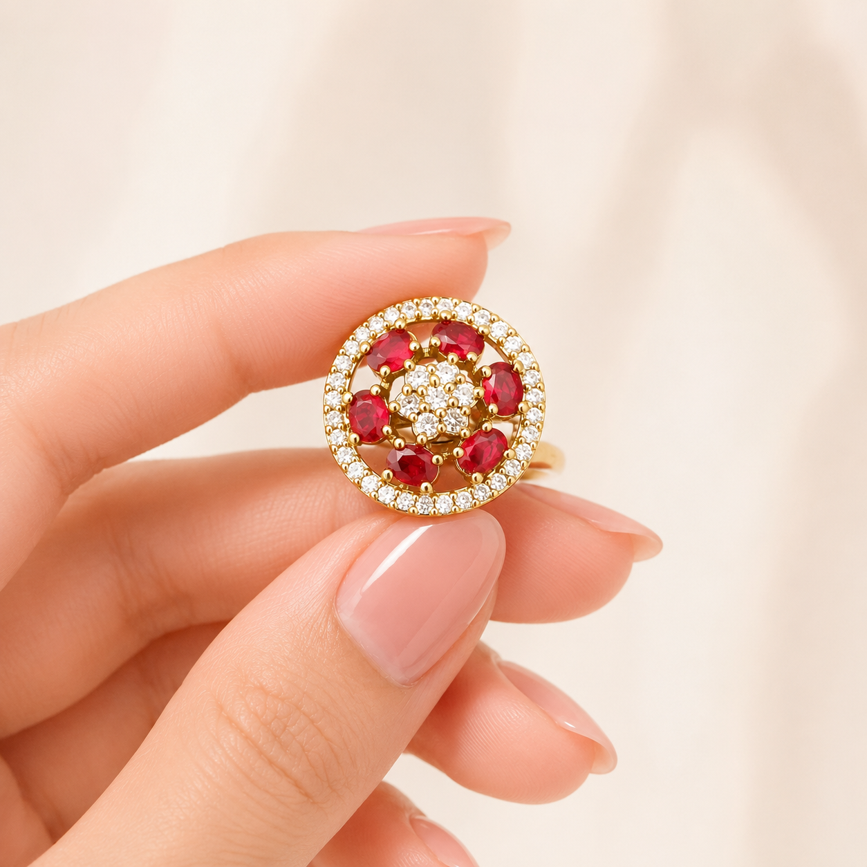 Ruby Floral Crystal Adjustable Ring