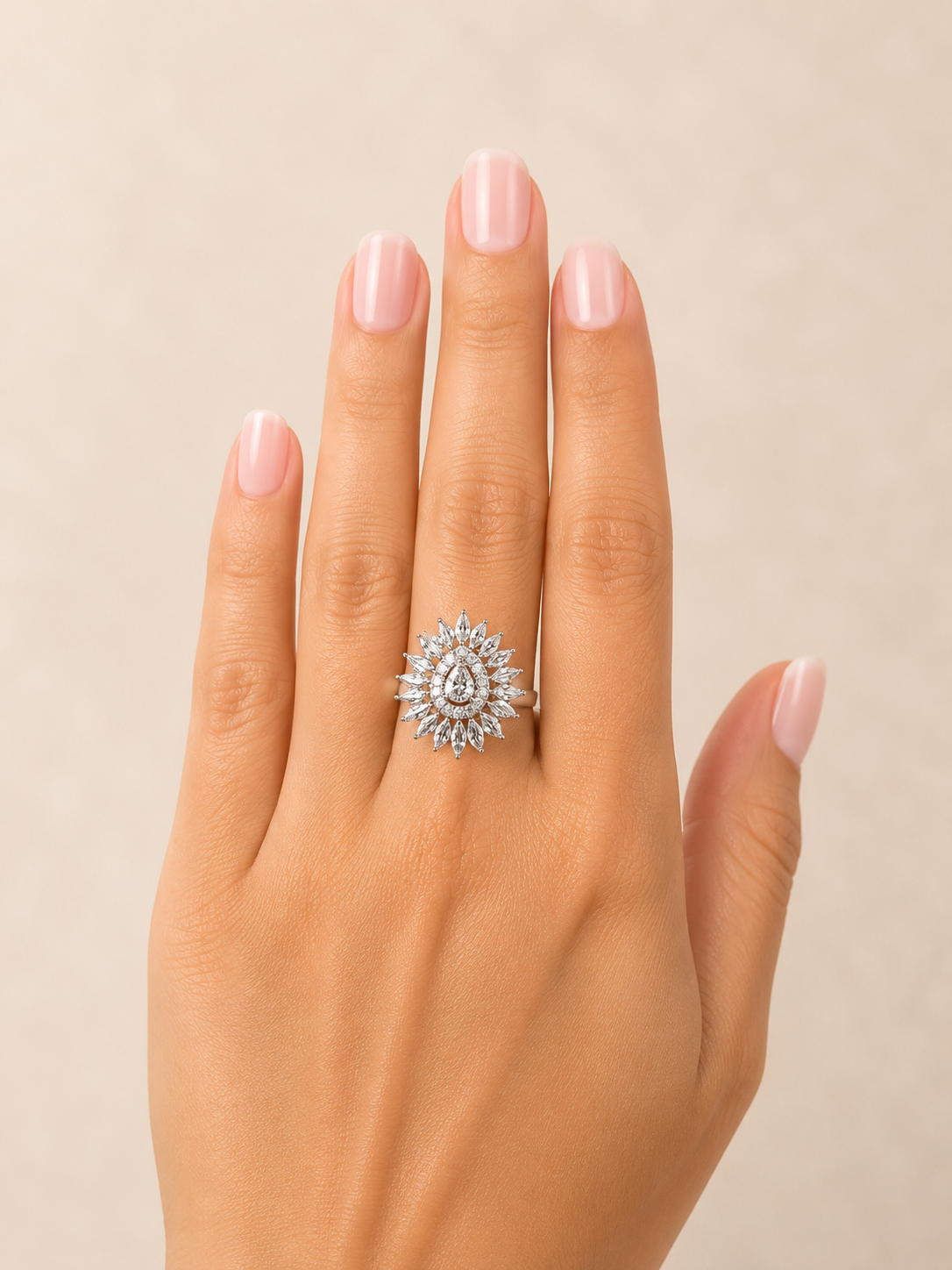 Silver Sunburst Crystal Statement Adjustable Ring
