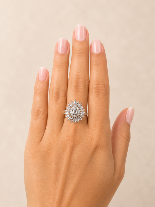 Silver Sunburst Crystal Statement Adjustable Ring