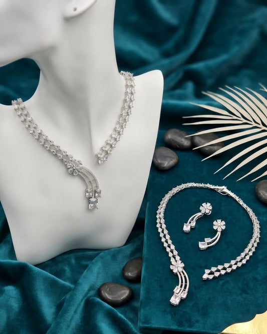 Silver Crystal Wave Floral Necklace Set