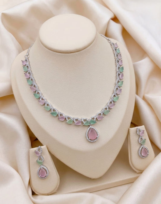 Pastel Mint Pink Crystal Necklace Set