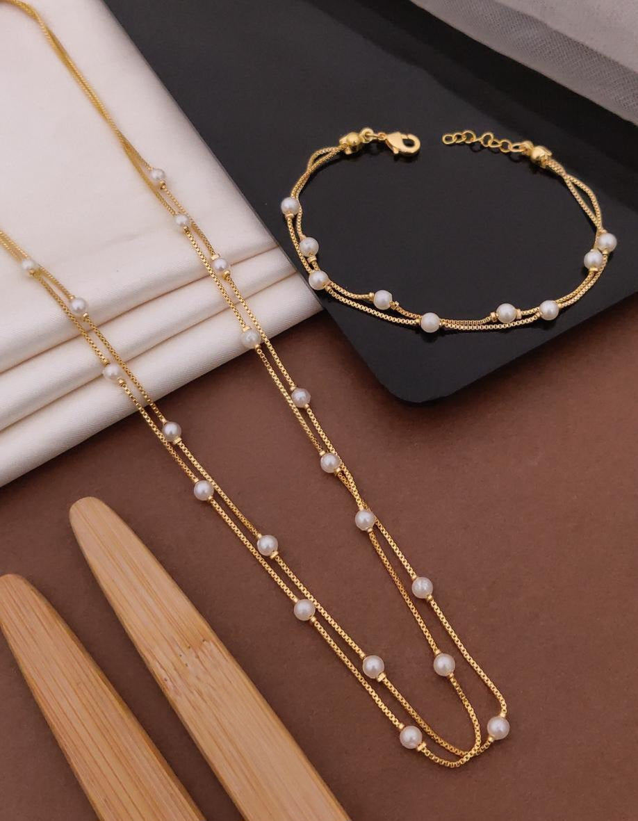 Gold Pearl Chain and Bracelet Set