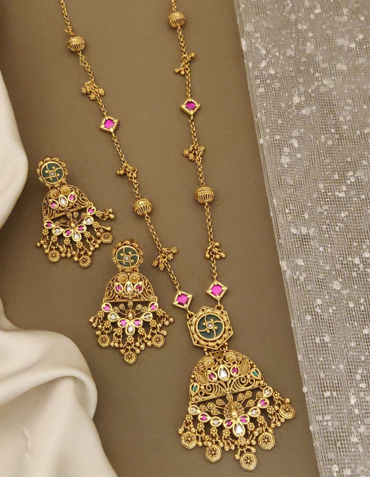 Pink Green Jhumki Beads Pendant Set