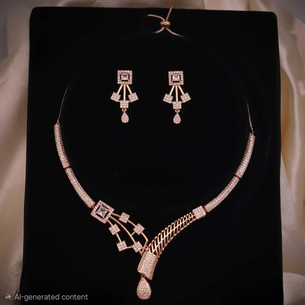 Rose Gold Geometric Crystal Necklace Set