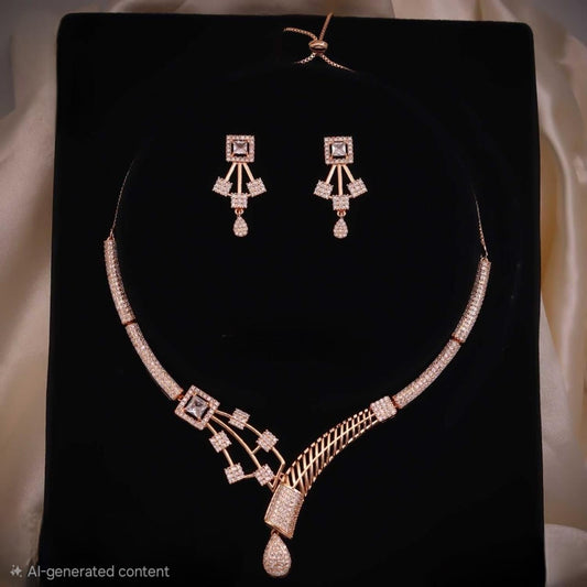 Rose Gold Geometric Crystal Necklace Set