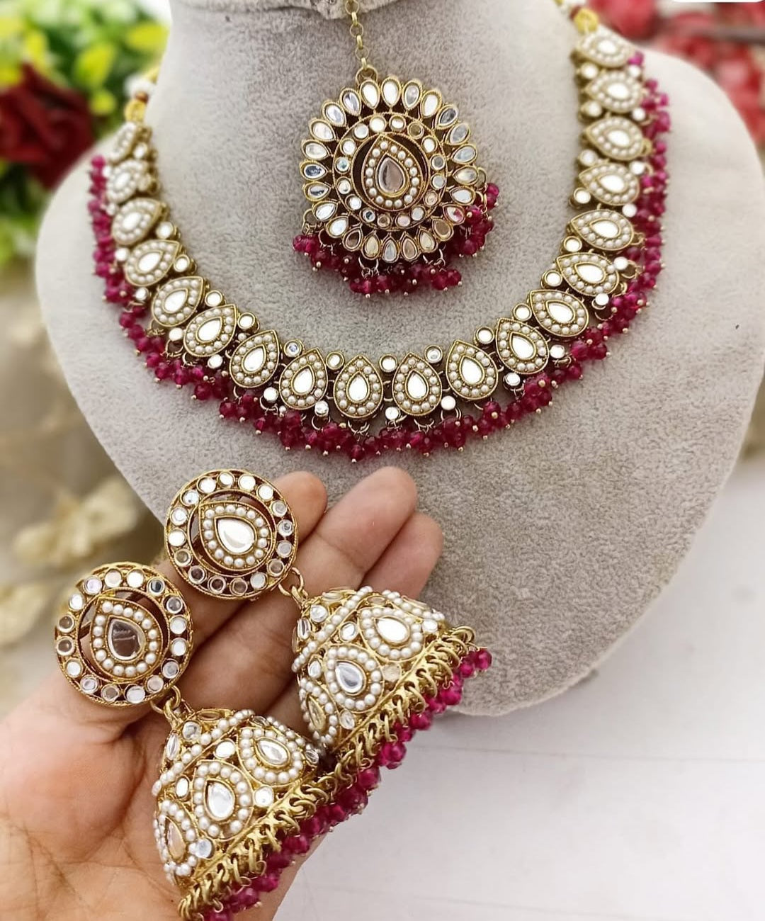 Maroon Pearl Mirror Jhumki Jewelry Set