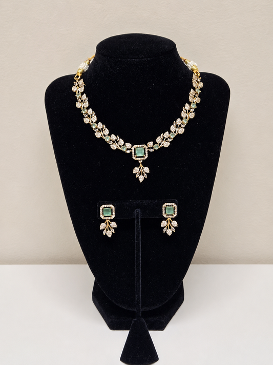 Gold Mint Leaf Crystal Necklace Set