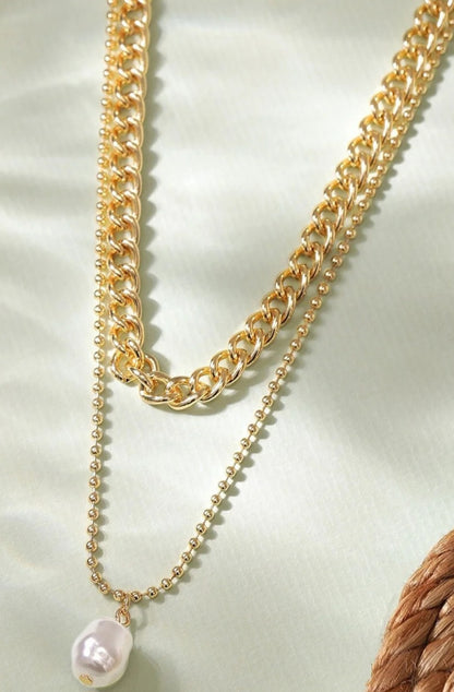 Gold Finish Layered Necklace with Pearl Drop