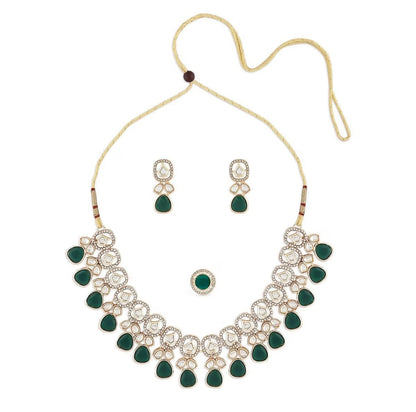 Green Kundan Jewelry Set in Gold Tone