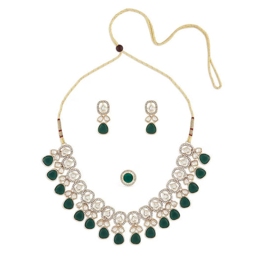 Green Kundan Jewelry Set in Gold Tone