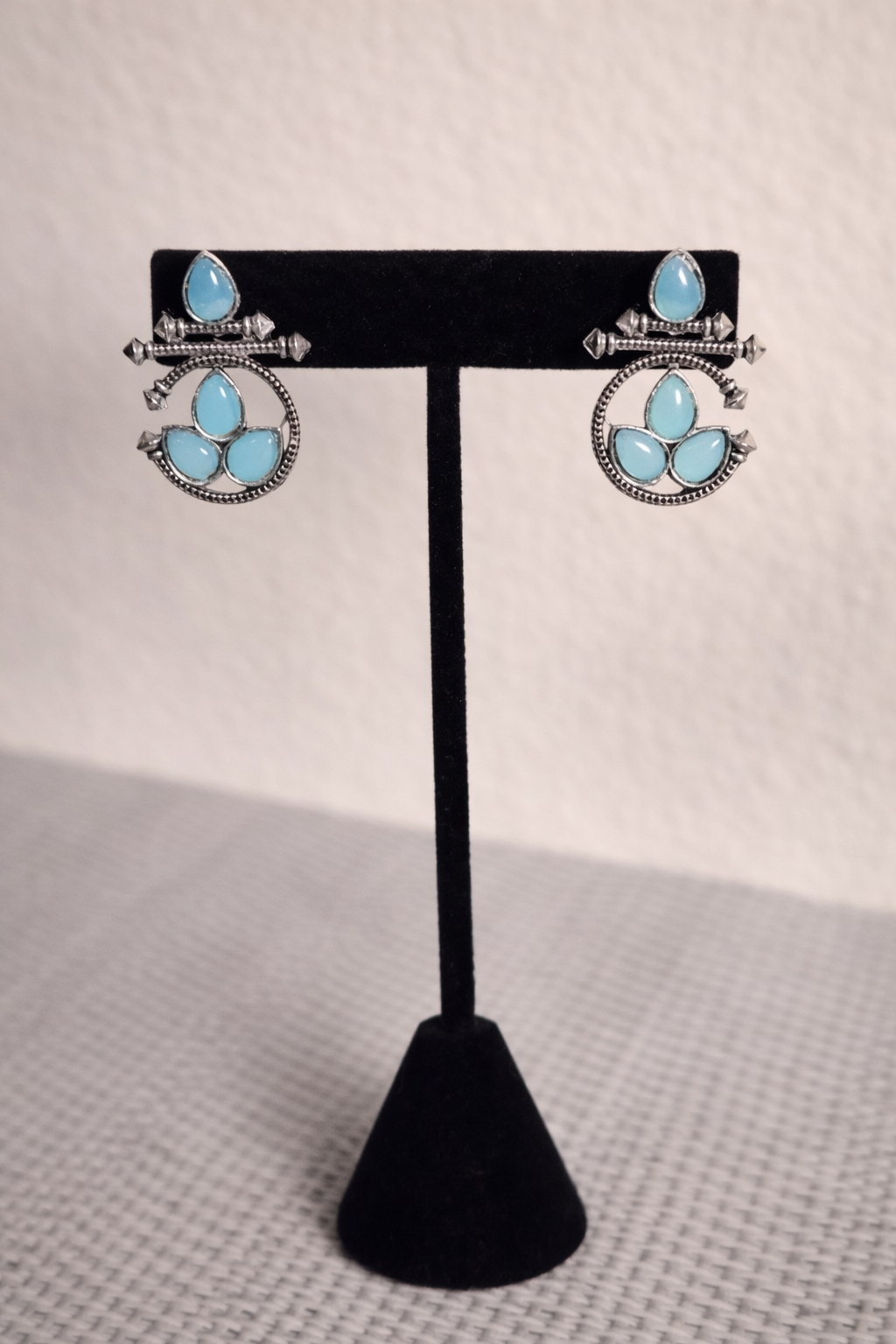 Oxidized Statement Earrings with Sky Blue Stone