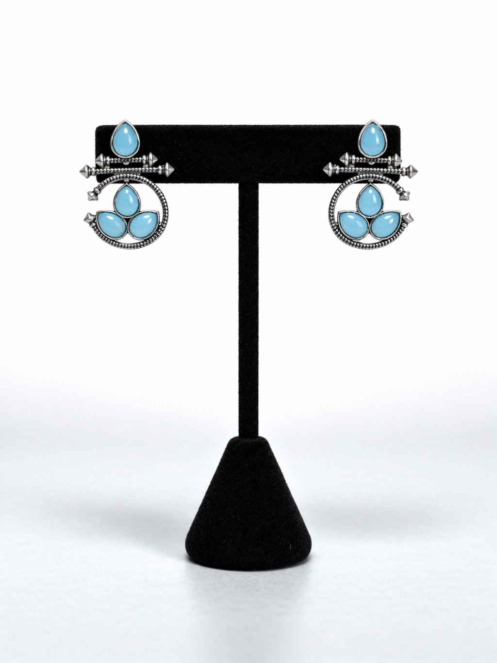 Oxidized Statement Earrings with Sky Blue Stone