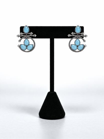 Oxidized Statement Earrings with Sky Blue Stone