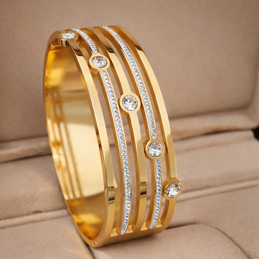 Multi-Line Gold Look Stainless Steel Openable Bangle