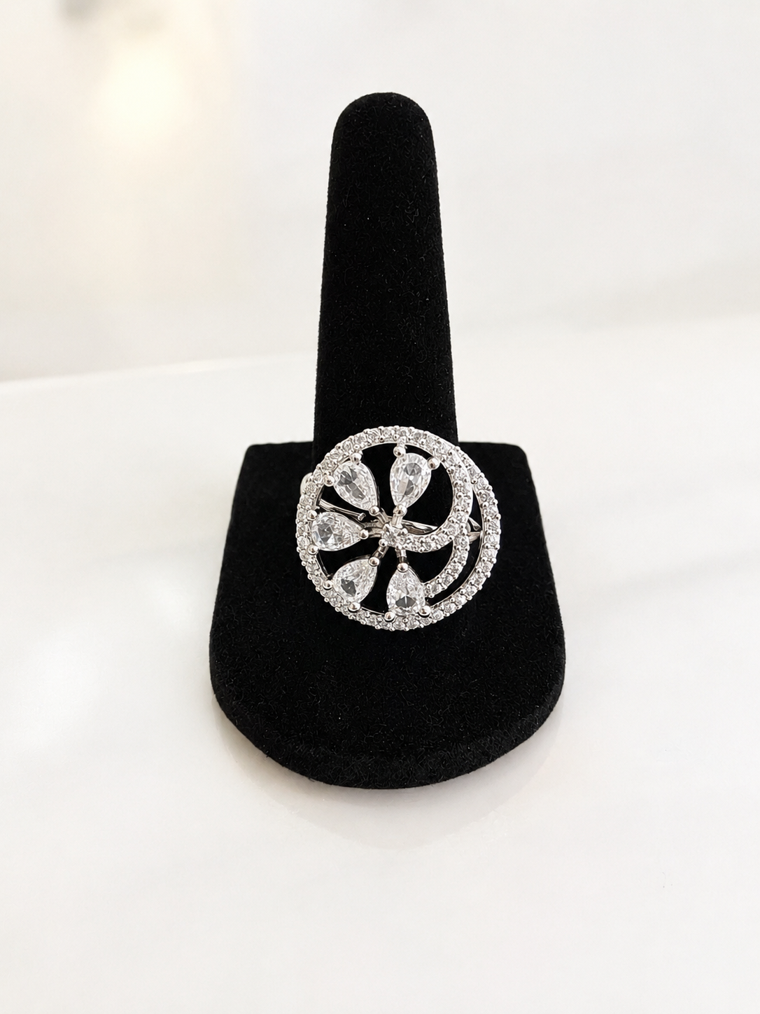 Silver Floral Crystal Statement Adjustable Ring