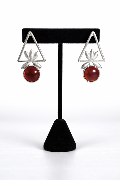 Geometric Floral Earrings with Maroon Stone