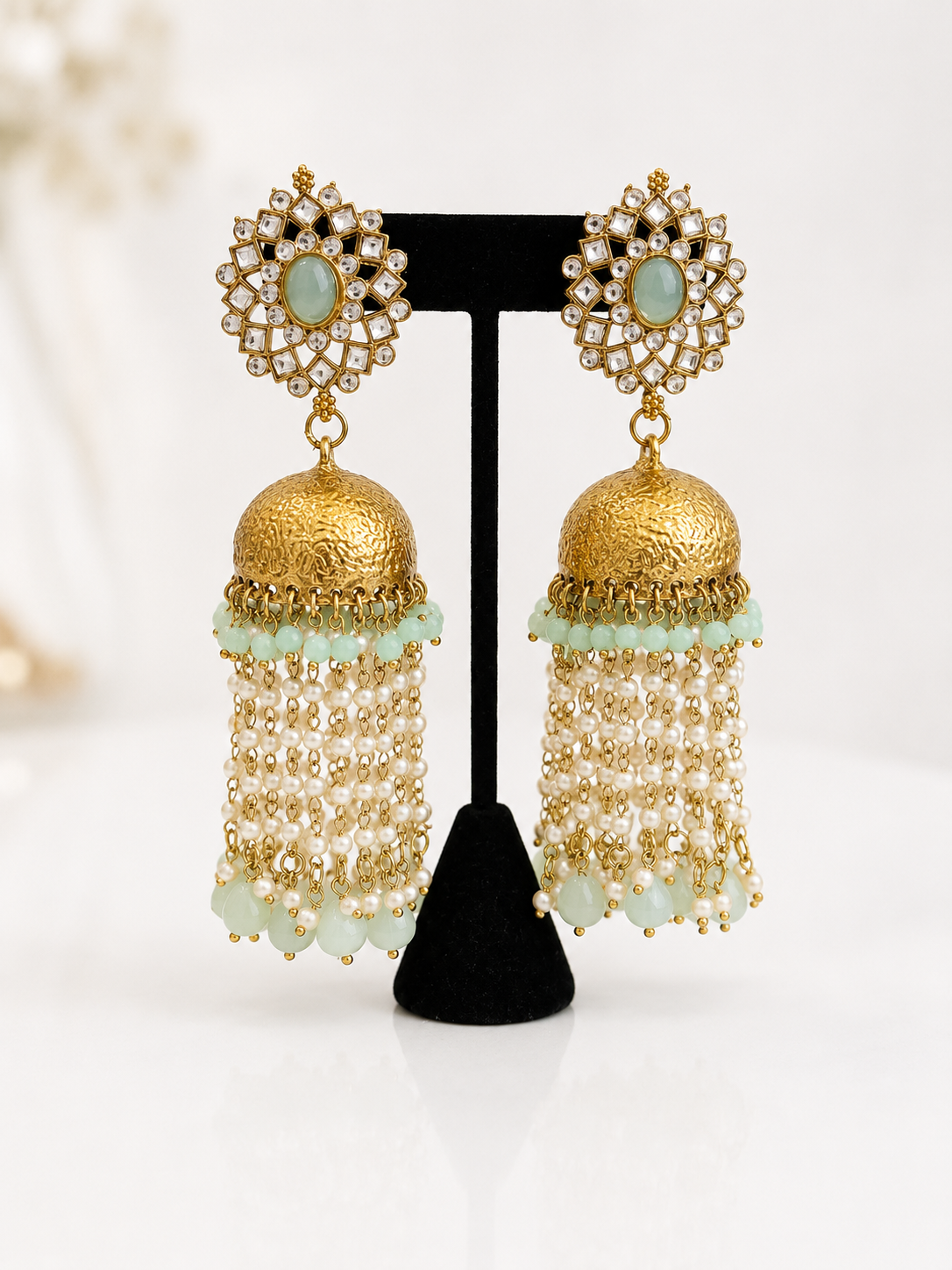 Mint Pearl Tassel Chandelier Earrings