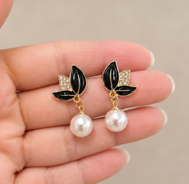 Black Leaf Crystal Pearl Drop Earrings