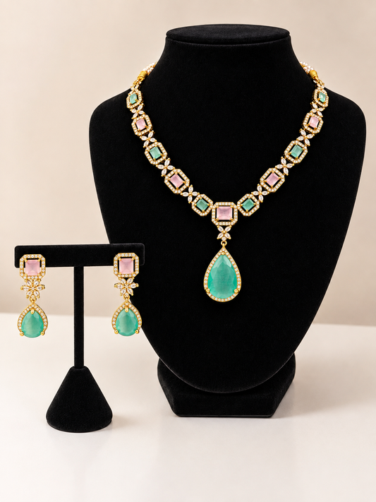 Gold Pastel Mint Pink Drop Crystal Necklace Set