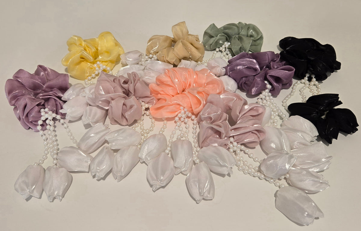 Satin Flower Pearl Tassel Organza Scrunchie
