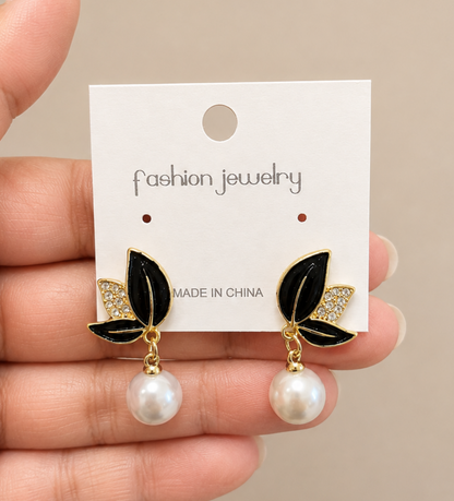 Black Leaf Crystal Pearl Drop Earrings